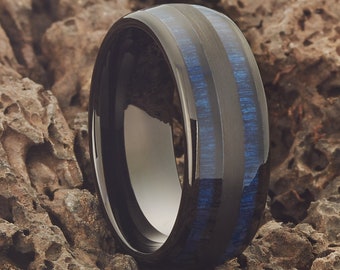 Black Tungsten Wedding Ring,Blue Exotic Wood,Tungsten Wedding Ring,Black Wedding Ring,Anniversary Ring,Unique Tungsten Ring,Tungsten Band
