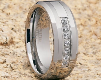 Silver Tungsten Ring,8mm Wedding Band,Anniversary Ring,Beveled Edges,CZ Diamond Ring,Men's Wedding Band,Women's Wedding Ring,Comfort Fit