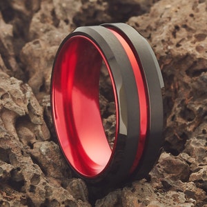 Red Tungsten Wedding Ring,Anniversary Ring,Black Tungsten Ring,Tungsten Carbide Ring,Red Wedding Ring,Men & Women,Engagement Ring,Black Ring