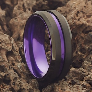 Purple Tungsten Wedding Ring: Black Brush Finish, Rose Gold Plated