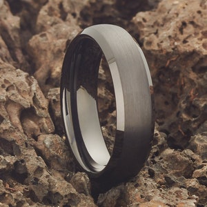 Black Tungsten Wedding Band: 6mm Brush Finish, Beveled Edge