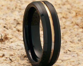 Alianza de boda de tungsteno negro: incrustación de oro rosa, ajuste cómodo de 6 mm