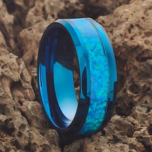 Blue Tungsten Wedding Band: Opal Inlay, Comfort Fit
