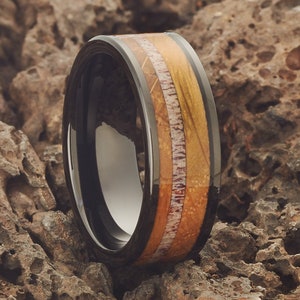 Whiskey Barrel Wedding Band,Black Tungsten Wedding Ring,Whiskey Barrel Wedding Ring,8mm Tungsten Wedding Band,Deer Antler Ring