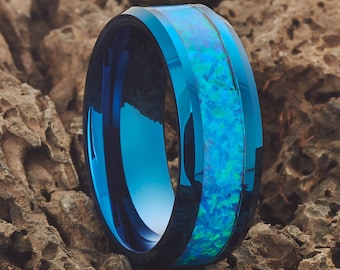 Alianza de boda de ópalo azul, anillo de tungsteno de 8 mm, alianza de boda azul, anillo de aniversario, alianza de compromiso, bordes biselados, ajuste cómodo, para hombre y mujer.