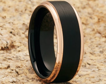 Black Wedding Ring,Rose Gold Edges,Tungsten Ring,Anniversary & Engagement,Beveled Edges,Comfort Fit,8mm,6mm,4mm,Brush Black Ring,Women's
