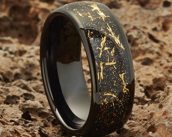 Black Tungsten Wedding Band,Meteorite Imitation Ring,8mm Wedding Band,Anniversary & Engagement,Comfort Fit,Dome Tungsten Ring
