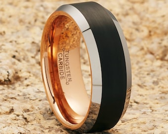 Anillo de tungsteno negro, banda de oro rosa, para hombre o mujer, aniversario, compromiso, bordes biselados, 8 mm, 6 mm, ajuste cómodo, único
