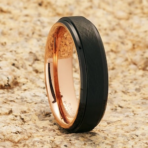 Anel de tungstênio em ouro rosa, anel de tungstênio preto de 6 mm, anel de aniversário, masculino e feminino, aliança de casamento preta, anel preto escovado, ajuste confortável