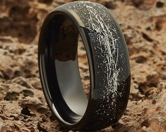 Black Tungsten Wedding Ring,Meteorite Imitation Ring,Tungsten Carbide,Anniversary,Engagement,Dome Black Ring,Comfort Fit Ring,Unique Style