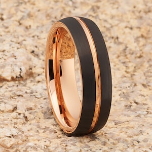 6mm Black Brush Tungsten Ring: 18K Rose Gold Groove, Comfort Fit