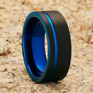 Wolframring,Schwarzer Ehering,Wolframring,Blauer Wolframring,Versetzte Nut,Comfort Fit,Unique Wedding Band,8mm,6 mm