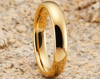 Yellow Gold  Tungsten Ring, 4mm Yellow Gold, Tungsten Carbide Ring, Anniversary Ring, 18k Yellow Gold, Dome, Men & Women, Comfort Fit
