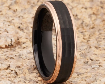 Rose Gold  Tungsten Wedding Band, 6mm Rose Gold Ring, 18k Rose Gold Tungsten, Men & Women, Hammered Ring, Ring For Her, Ring For Him, Black