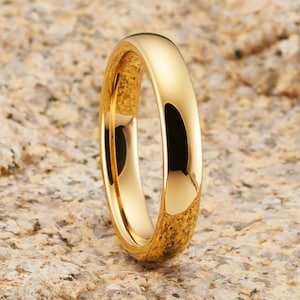 Geelgouden wolfraamring, 4 mm geelgoud, wolfraamcarbidering, jubileumring, 18k geelgoud, koepel, heren en dames, comfortabele pasvorm