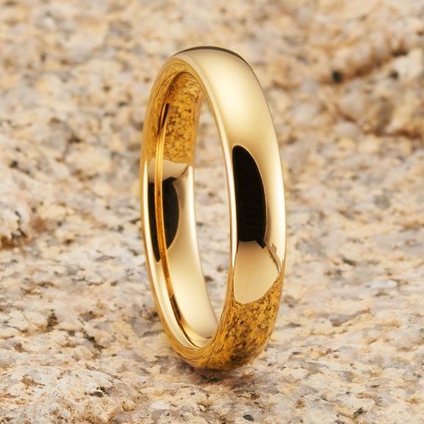 Yellow Gold  Tungsten Ring, 4mm Yellow Gold, Tungsten Carbide Ring, Anniversary Ring, 18k Yellow Gold, Dome, Men & Women, Comfort Fit