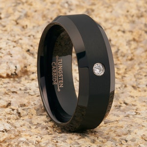 Men&#39;s Black Wedding Ring,Tungsten Carbide,Women&#39;s Wedding Band,White Diamond Ring,Beveled Edges,Comfort Fit,His & Hers,Beveled Edges,Brush