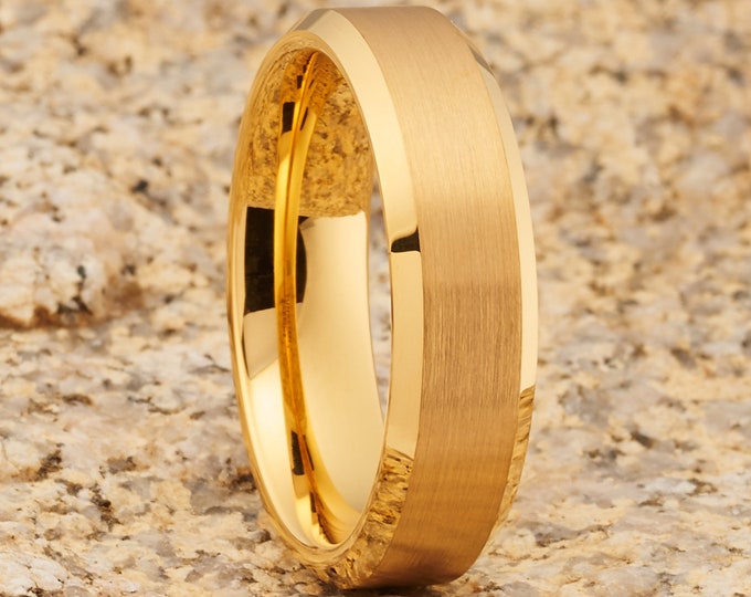 Yellow Gold Tungsten Wedding Band,Brush Finish,Beveled Edges,Tungsten Carbide Ring,Men's Wedding Band,Women's Wedding Ring,Anniversary Ring
