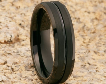 Banda de boda de tungsteno para hombre / Anillo de tungsteno negro / Anillo de tungsteno negro de 6 mm / Anillo de aniversario / Banda de boda negra / Cepillo