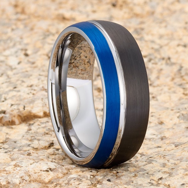 Blue Tungsten Wedding Ring,Black Tungsten Ring,Anniversary Ring,Blue Wedding Band,Tungsten Carbide Ring,Men & Women,Tungsten Carbide
