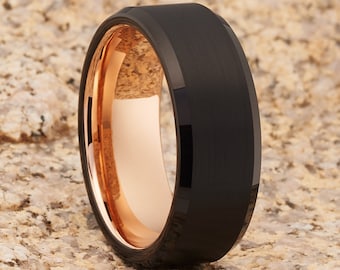 Rose Gold Tungsten Ring, 18k Rose Gold Ring, Men Tungsten Ring, Anniversary Ring, Engagement Ring, Rose Gold Tungsten, Men & Women, Black