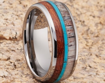 Deer Antler Wedding Band | Turquoise Wedding Band | Silver Tungsten Ring | 8mm Antler Ring | Black Tungsten Ring | Comfort Fit