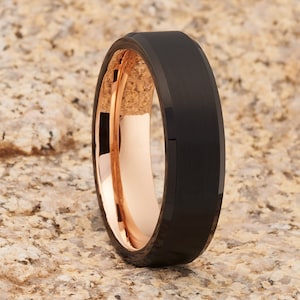 Black Tungsten Ring: Rose Gold Inlay, Beveled Wedding Band