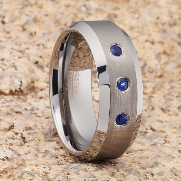 Blue Sapphire Tungsten Ring | Silver Tungsten Ring | Blue Sapphire Band | Tungsten Wedding Band | Men & Women | Comfort Fit