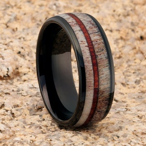 Alliance en bois de cerf, bague en tungstène noir, alliance en bois de cerf, bague en tungstène noir, alliance en bois de koa, homme et femme, bague noire