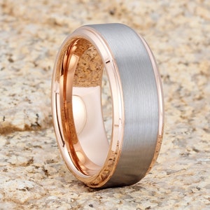 Rose Gold Tungsten Wedding Band: Gray Brush Ring, Comfort Fit