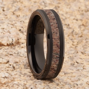 Deer Antler Tungsten Ring | Tungsten Wedding Band | Black Tungsten Ring | Deer Antler Wedding Ring | 6mm Deer Antler | Comfort Fit