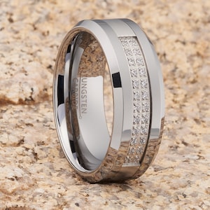 Silver Tungsten Wedding Band | 8mm Tungsten Ring | CZ Tungsten Band | Tungsten Carbide Ring | Men&#39;s Wedding Band | Comfort Fit
