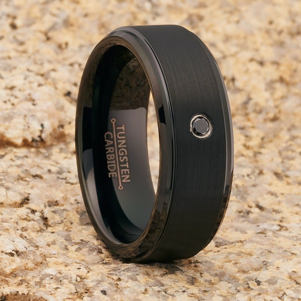 Black Tungsten Wedding Band | Black Tungsten Ring | Black Diamond Tungsten Ring | Anniversary Ring | Brush Tungsten Ring | Comfort Fit