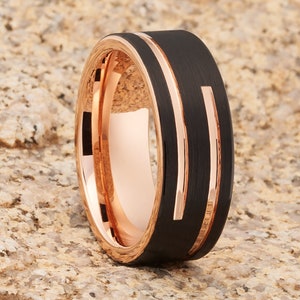 Mens Black Tungsten Wedding Band: 18k Rose Gold Groove, Comfort Fit