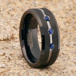 Blue Sapphire Tungsten Ring Black Tungsten Ring Men & Women Tungsten Carbide Ring Anniversary Ring Engagement Ring Comfort Fit image 1