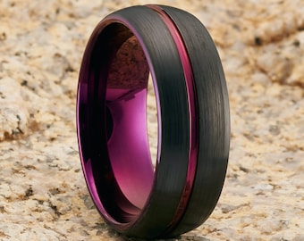 Anel de tungstênio roxo, aliança de casamento roxa, anel de carboneto de tungstênio, anel de noivado, anel de aniversário, 8 mm e 6 mm, anel roxo exclusivo, ajuste confortável