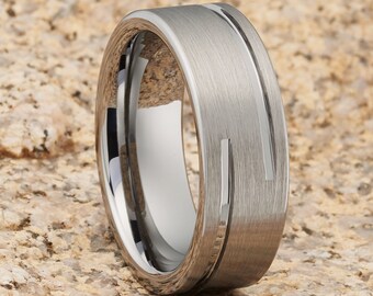 Men's 8mm Silver Tungsten Wedding Band,Double Groove Ring,Comfort Fit,Brush Tungsten Band,Women's,Anniversary,Engagement,Flat Design Shape