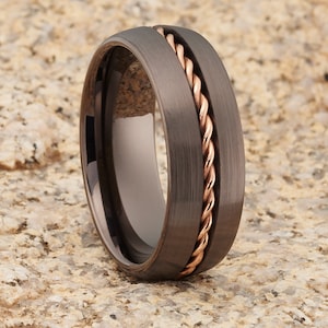 Gunmetal Tungsten Wedding Band: Rose Gold Braid, Comfort Fit