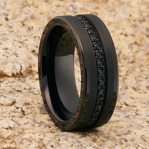 Black Tungsten Wedding  Band | 8mm Black Tungsten Ring | Anniversary Band | Tungsten Carbide Ring | Black CZ Ring | Brush Style