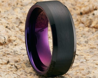 Aliança de casamento roxa, aliança de tungstênio preto, aliança de aniversário, anel de noivado, 8 mm e 6 mm, anel de carboneto de tungstênio, aliança de casamento de tungstênio exclusiva, escova