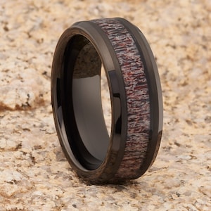 Deer Antler Tungsten Ring | Tungsten Wedding Band | Black Tungsten Ring | Deer Antler Wedding Ring | 8mm Deer Antler | Comfort Fit