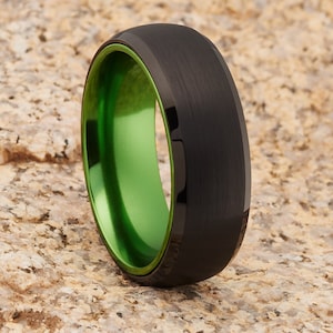 Green Tungsten Wedding Band | Black Tungsten Ring | 8mm Tungsten Ring | Black Wedding Ring | Tungsten Carbide Ring