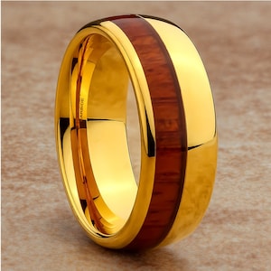 Koa Wood Tungsten Wedding Ring: 18k Yellow Gold Dome Band