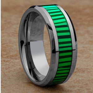 Faux Green Tungsten Ring,Silver Tungsten Wedding Ring,Anniversary Ring,Engagement Ring,Unique Wedding Ring,Unique Wedding Ring,Comfort Fit