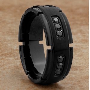 Black Titanium Wedding Ring: 8mm Band with CZ Inlay