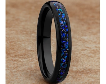 4mm,Opal Black Tungsten Wedding Ring,Black Tungsten Ring,Anniversary & Engagement,Dome black Ring,Women's Tungsten Band,Comfort Fit