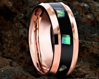 Rose Gold Tungsten Wedding Ring: Mother of Pearl Inlay, 8mm Band