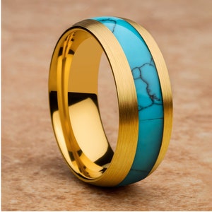 Turquoise Tungsten Wedding Ring,Anniversary Ring,Engagement Ring,8mm Wedding Ring,Dome wedding Ring,Yellow Gold Tungsten Ring,Comfort Fit