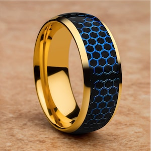 Honeycomb Tungsten Wedding Ring: 18k Yellow Gold, Blue Inlay