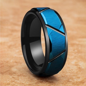 Blue Diamond Cut Tungsten Wedding Ring, Black 8mm Band